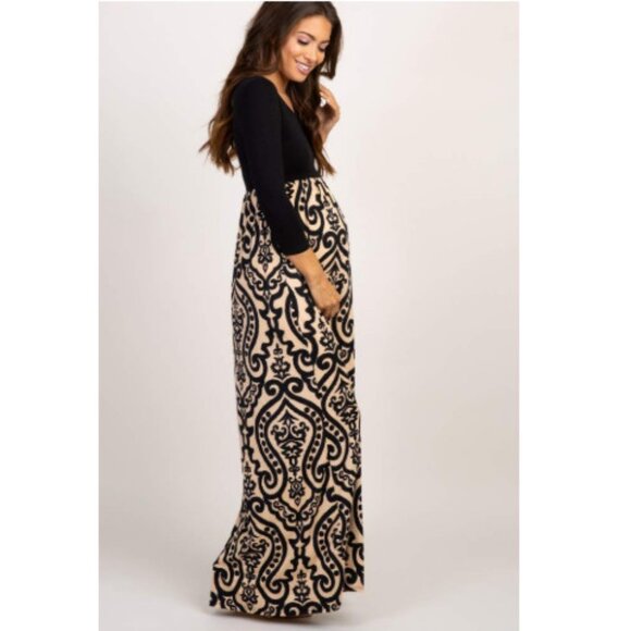PinkBlush Maternity Black Mocha Damask Maxi dress stretch medium very long tall - Picture 2 of 15